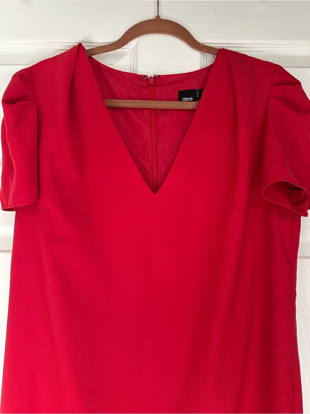ASOS Bright Red V-Neck Pleated Sleeve Shift Dress Size 10